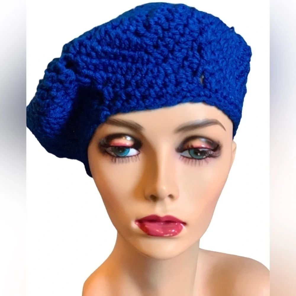 UNISEX KNIT BERET SLOUCH HAT HANDMADE CROCHET BLUE WARM WINTER GEAR OS - Picture 3 of 6